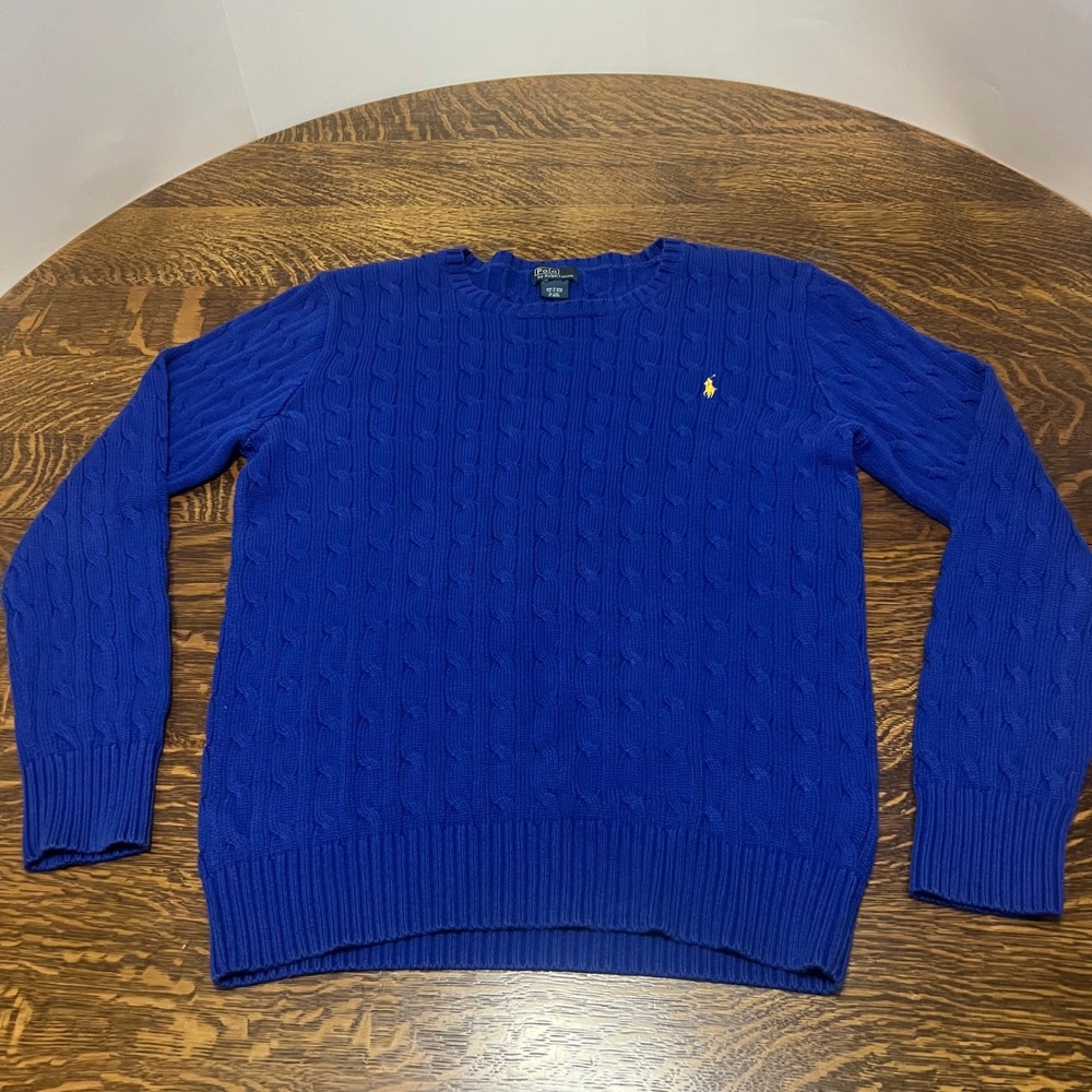 Polo Ralph Lauren Sweater Mens Blue Cable Knit Crew Neck Pony Logo Cotton